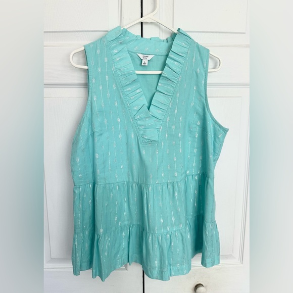 Crown & Ivy Cotton Blend Aqua Metallic Ruffle Sleeveless Top-Size Large - Picture 8 of 10
